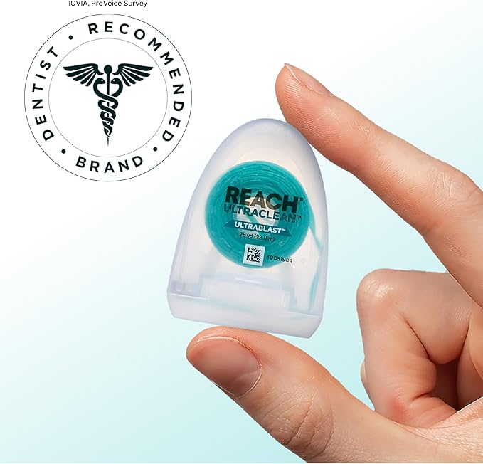REACH® ULTRACLEAN ULTRABLAST, Cool Mint Dental Floss, Plaque Remover for Teeth, Shred Resistant, Waxed, Easy on Gums & Teeth, Fresh Breath, Oral Care, PFAS Free, for Adults & Kids, 3 PK, 25 YD