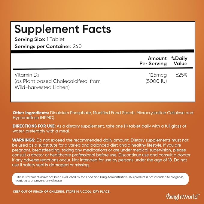 WeightWorld Vegan Vitamin D3 5000 IU - Sourced from Wild Harvested Lichen - Vitamin D Supplement from Bioavailable Cholecalciferol - 240 Vitamin D3 Tablets - Gluten-Free & Allergen-Free