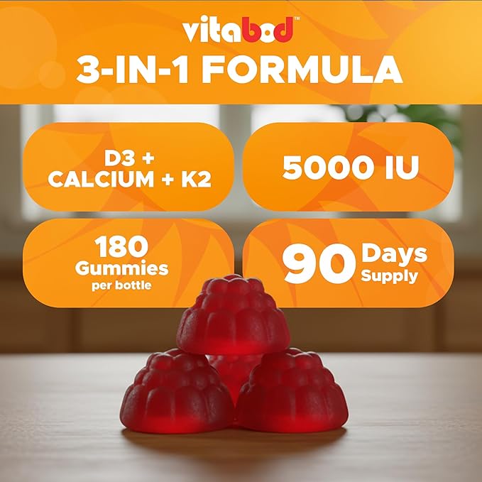 Vitamin D3 + K2 Gummies – Bone & Heart Health Support – 180 Pectin-Based Vegan Gummies