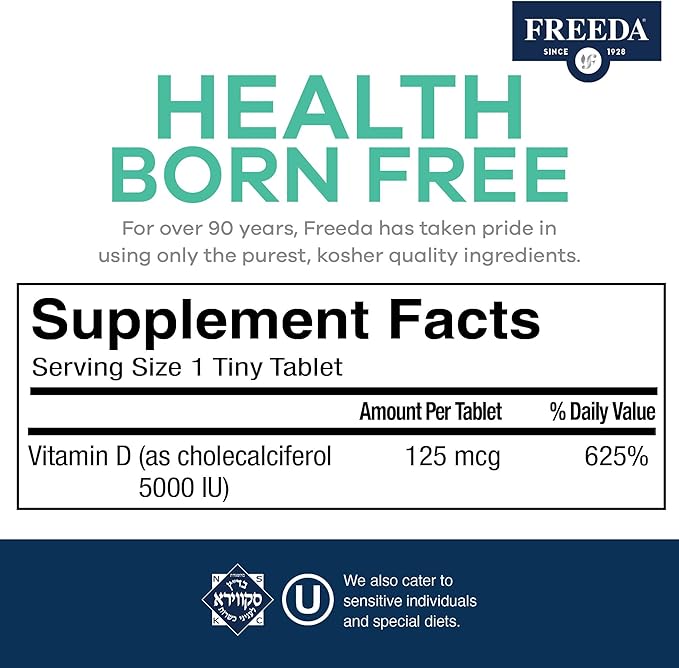 FREEDA Vitamin D3-5000 IU – High-Potency Vitamin D for Bone Strength & Immune Support – Easy-to-Swallow Tablets – 100 Tiny Tablets