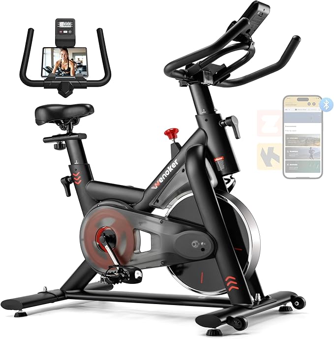 Exercise Bike, Stationary Bike for Home, App Compatible, 350lb Capacity, Comfortable Adjustable Seat, Digital Display & Pad Holder, Quiet Ride