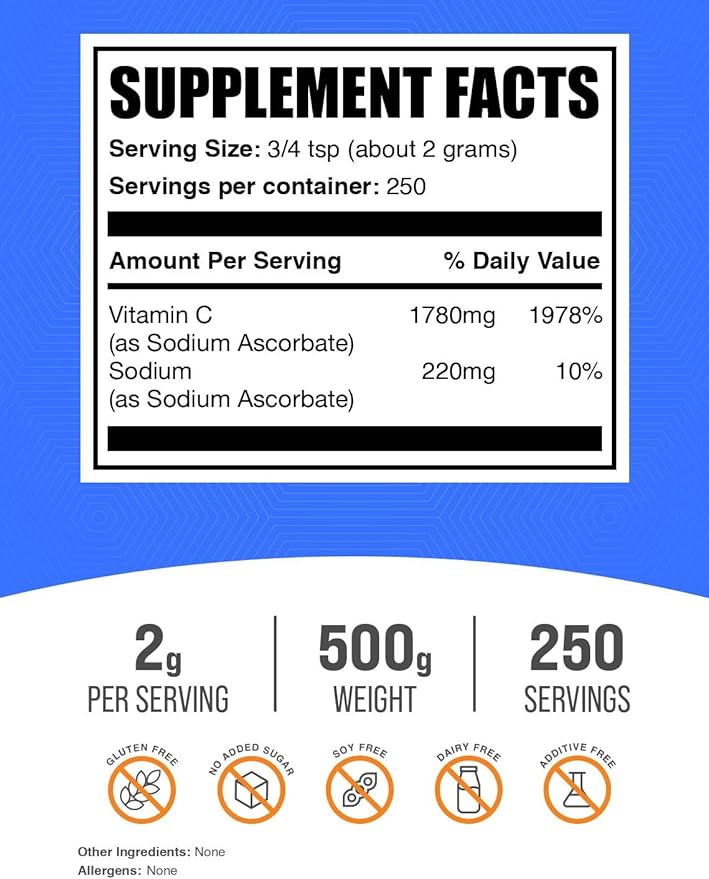 BulkSupplements.com Sodium Ascorbate Powder - for Immune Support, Sodium Ascorbate Vitamin C - Buffered Vitamin C, Gluten Free, 2g per Serving, 500g (1.1 lbs) (Pack of 1)