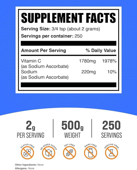 BulkSupplements.com Sodium Ascorbate Powder - for Immune Support, Sodium Ascorbate Vitamin C - Buffered Vitamin C, Gluten Free, 2g per Serving, 500g (1.1 lbs) (Pack of 1)