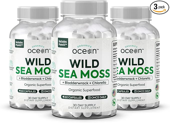Wild Sea Moss Capsules - 100% Organic Irish Sea Moss with Organic Chlorella, Bladderwrack and Vitamin D for Energy, Lung Health and Thyroid Support for Women and Men - 3 Bottles