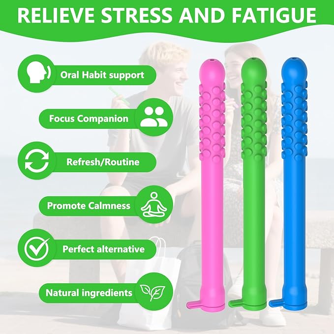 3PCS Chewable Breather Sticks, Chewable Breather Stick for Fresh Breath, Portable Breath Freshener with 9 Replacement Cores, Chewable Essential Oil Breath Stick Travel-Friendly