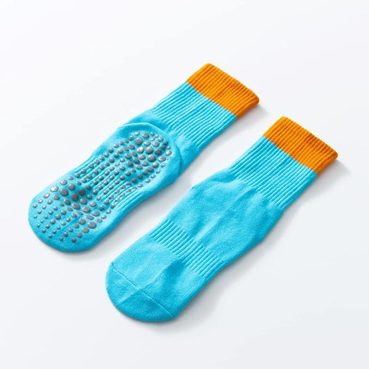 Yoga Pilates Socks with Grips for Women Non Slip Color Blocking Cushioned Crew Socks for Barre Ballet Dance