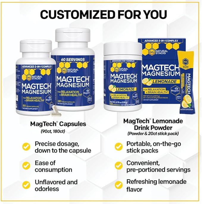 Magnesium Magtein L-Threonate, Glycinate & Taurate – 200mg Chelated Magnesium Complex – MagTech Magnesium Supplement for Relaxation & Brain Health – 90 Capsules