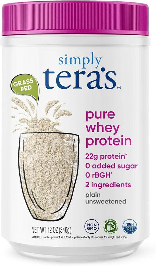 simply tera's Pure Whey Protein Powder - Grass Fed Whey Protein Powder, Clean & Natural, Unflavored, Non-GMO, Kosher, Unsweetened - 12 Oz.