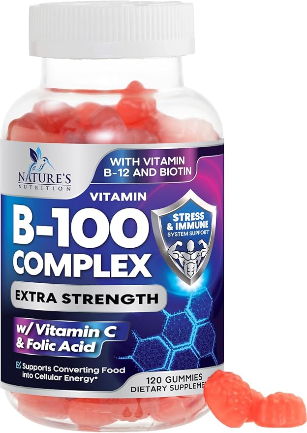 B Complex Supplement Gummies with Vitamin C & Folic Acid, Extra Strength Super Vitamin B Gummy with Niacin, B6, Folic Acid, B12, Biotin, Nature's Energy Immune Support Supplements - 120 Gummies