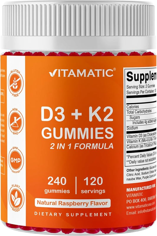 Vitamatic Vitamin D3 K2 with Calcium Gummies - 240 Count - Non-GMO, Gluten Free