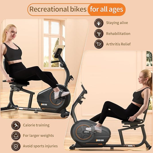 JEEKEE Recumbent Exercise Bike for Seniors,Stationary Bikes for Home, 300LB Capacity & 16 Levels Magnetic Resistance, Heart Rate Handle