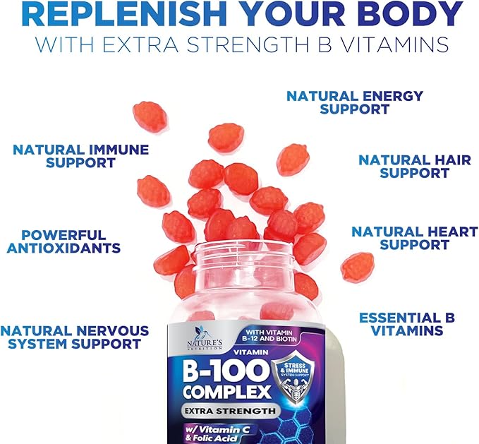 B Complex Supplement Gummies with Vitamin C & Folic Acid, Extra Strength Super Vitamin B Gummy with Niacin, B6, Folic Acid, B12, Biotin, Nature's Energy Immune Support Supplements - 120 Gummies