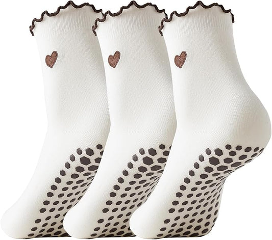 3 Pairs Pilates Socks with Grips Non-slip Ruffle Cute Heart Yoga Grip Sock for Women