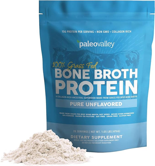 Paleovalley 100% Grass Fed Beef Bone Broth Protein Powder - Rich in Collagen Peptides for Hair, Skin, Gut Health, Bone and Joint Support - 15g Protein Per Serving - No Gluten or GMOs