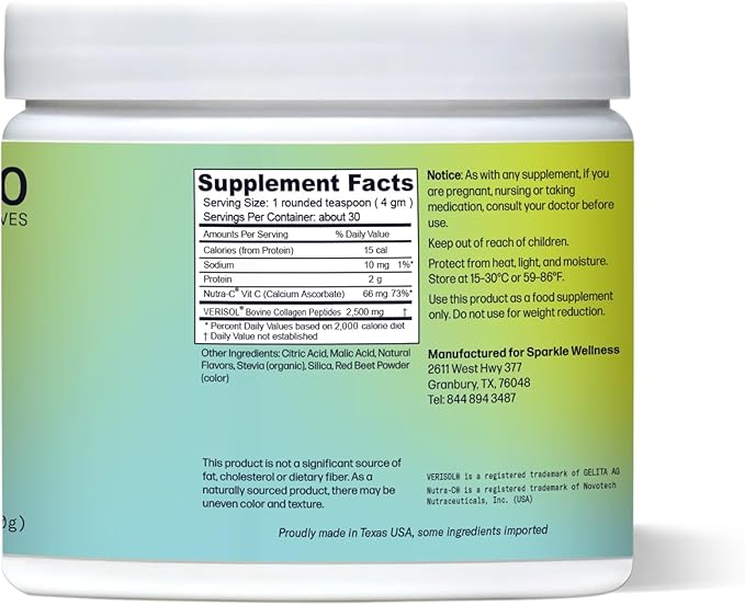 Sparkle Wellness VERISOL Bioactive Hydrolyzed Collagen Peptides & Vitamin C | Collagen Powder Supplement for Hair, Skin, and Nail Health | Skin Boost (Acai Lemonade) [50-Serves]