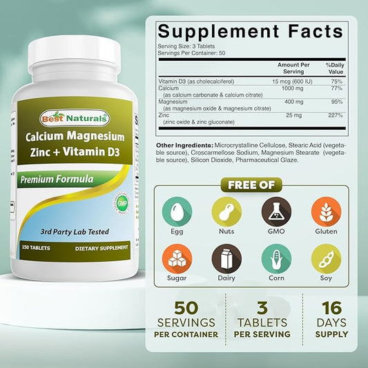 Best Naturals Calcium Magnesium Zinc with Vitamin D3, 150 Tablets - Calcium 1000 mg, Magnesium 400 mg, Zinc 25 mg & D3 600 IU per Serving (3 Tablets)
