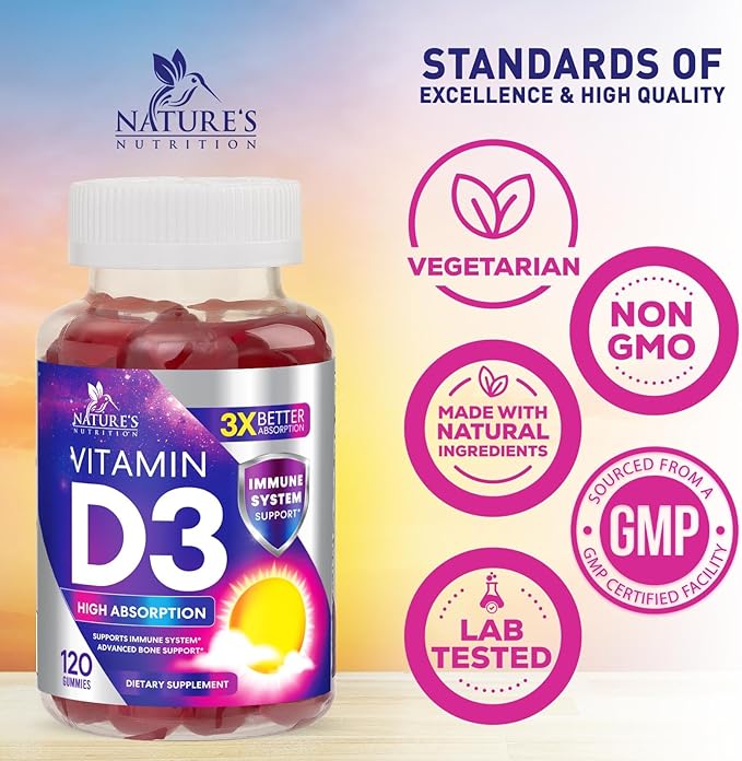 Vitamin D3 Gummy 5000 IU (125 mcg) - Dietary Vitamins D Supplement for Women & Men - Bone, Teeth, Muscle & Immune Health Support, High Potency VIT D3 Nature's Non-GMO & Gluten Free - 120 Gummies