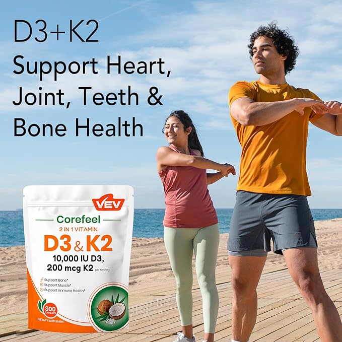 VEV Corefeel Vitamin D3 K2, 10,000 IU D3, 200mcg K2 (with MK7), Supports Bone and Teeth Health, Dual Nutrient Support for Daily Wellness, Easy to Swallow – 300 Capsules