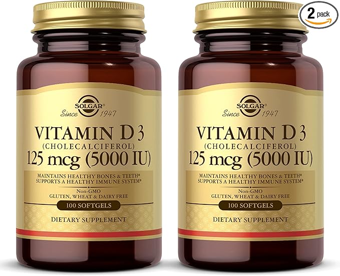 Solgar Vitamin D3 (Cholecalciferol) 10 mcg (400 IU) - 100 Softgels, Pack of 2 - Helps Maintain Healthy Bones & Teeth - Immune System Support - Non-GMO, Gluten Free, Dairy Free - 200 Total Servings