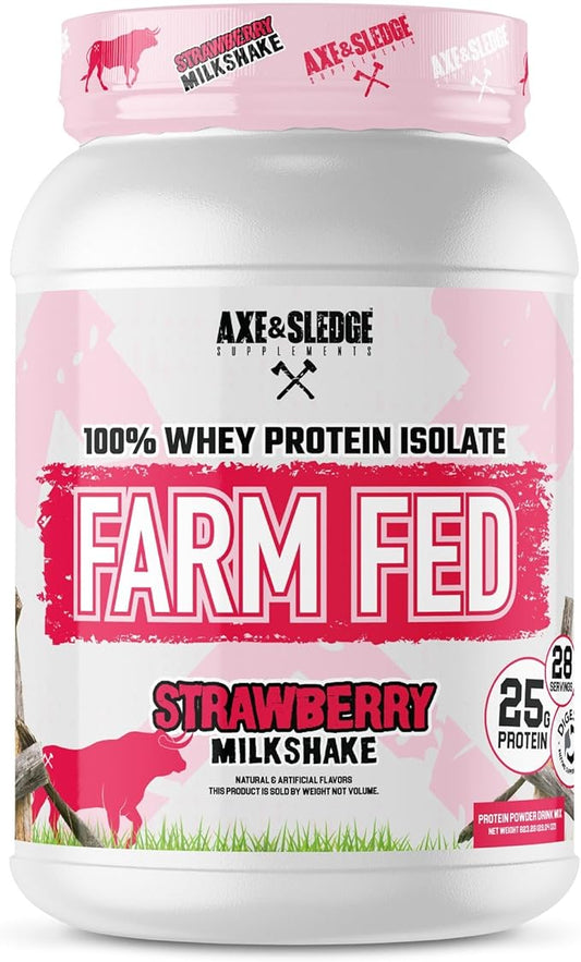 Axe & Sledge Farm Fed 100% Whey Protein Isolate | 25g Protein | Low Carb, Low Sugar, Gluten Free | Protein Powder for Men and Women | Keto | Made in The USA | 28 Servings, Strawberry Milkshake