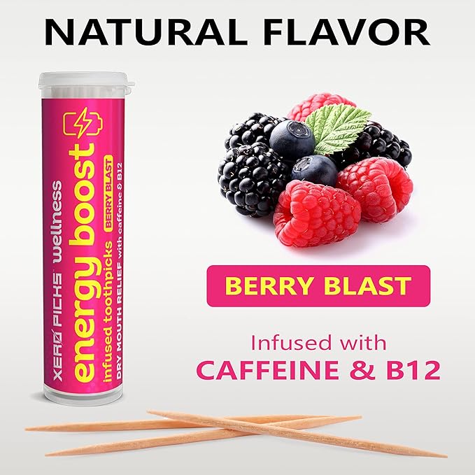 Xero Picks Wellness - Infused Flavored Toothpicks for Long Lasting Fresh Breath & Dry Mouth Prevention - 60 Picks - 3 Pack - Berry Blast - Caffeine Energy Boost