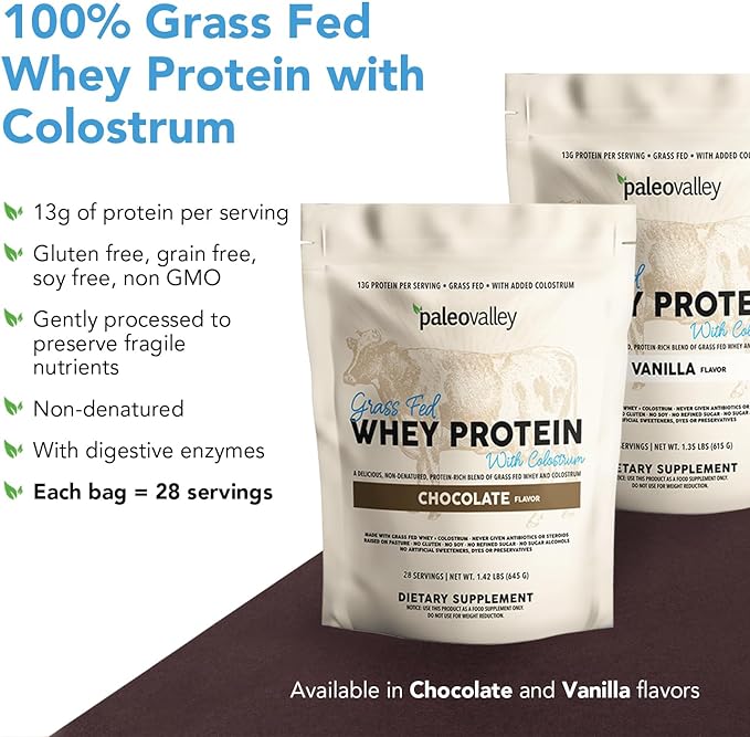 Paleovalley 100% Grassfed Whey Protein Powder with Colostrum, 13g Protein, Vanilla, Muscle Building, Immune Support, Gut Health