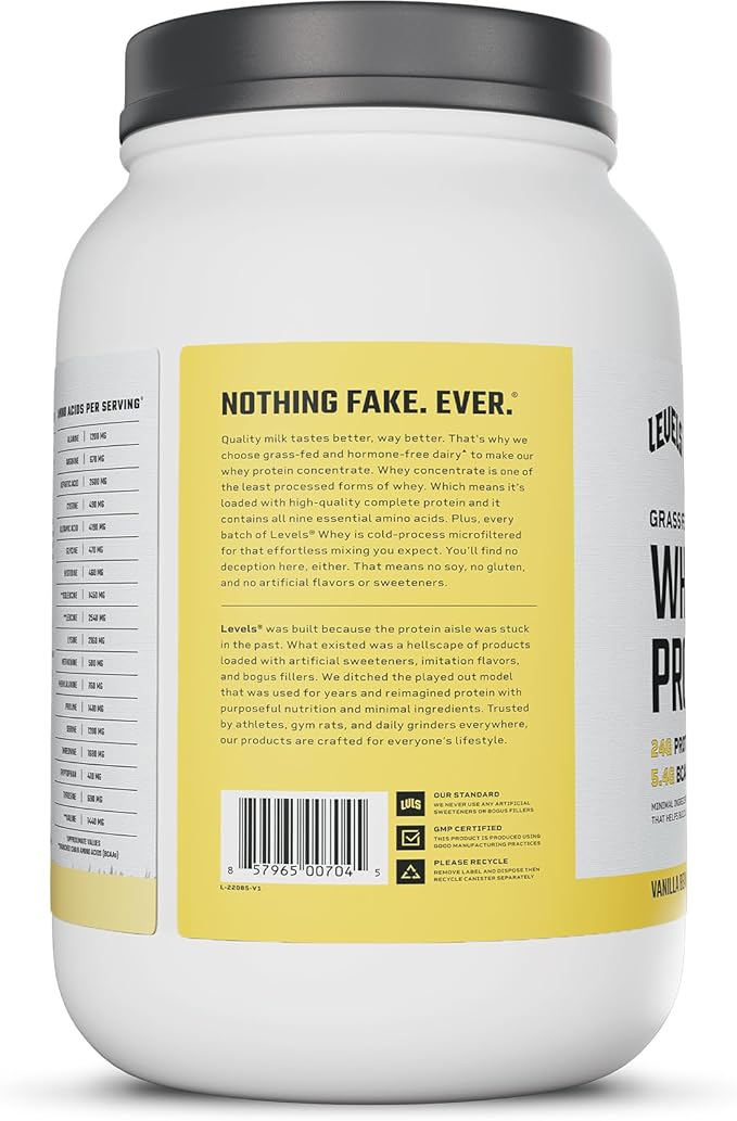 Levels Grass Fed Whey Protein Powder, No Artificials, 24G of Protein, Vanilla Bean, 2LB