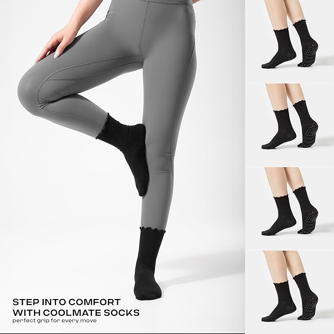 CoolMate 2/3/4 Pairs Pilates Socks with Grips for Women, Cute Yoga Socks, Crew Non Slip Women for Barre, Pilates Gifts