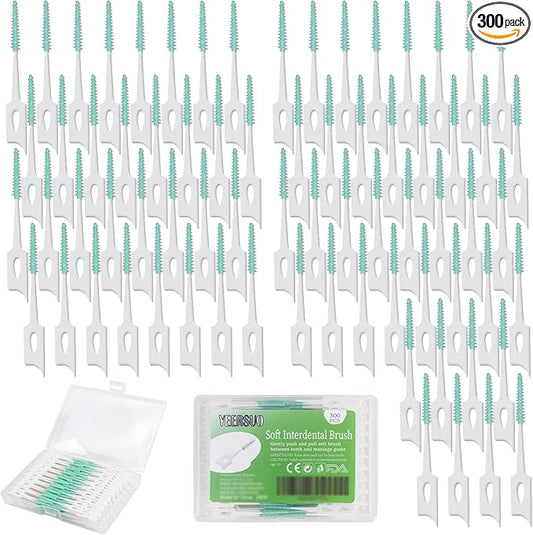 300 PCS Soft Dental Floss Picks, Silicone Interdental Brush Between Teeth, Disposable Dental Picks for Teeth Cleaning, interdental Picks Teeth Cleaning Tool, Green Colors