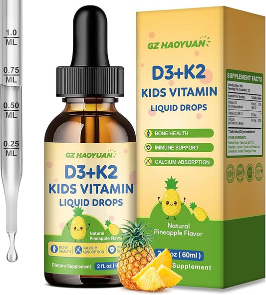 Kids Vitamin D3 K2 Drops, Vitamin D3 K2 (MK-7) Supplement with Calcium for Kids & Adults - Support Healthy Bones & Teeth, Calcium Absorption & Immunity, Sugar Free Pineapple Flavor 2 FL OZ