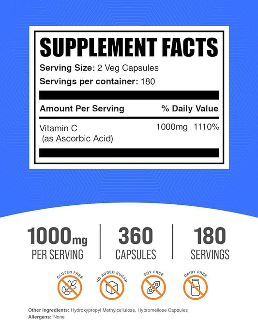 BulkSupplements.com Ascorbic Acid Capsules - Ascorbic Acid Vitamin C 1000mg, Vitamin C Supplement - Vegan & Gluten Free, 2 Capsules per Serving, 360 Count (Pack of 1)