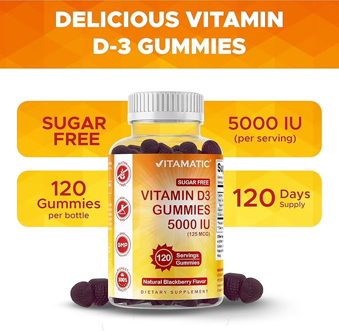 Vitamatic Sugar Free Vitamin D3 5000 IU - 120 Gummies - Great Taste - Healthy Bones, Mood & Immune System Function - Non-GMO - 120 Servings (5000 IU)