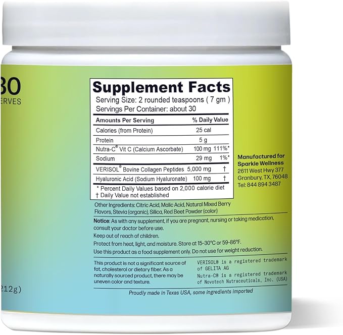 Sparkle Wellness VERISOL Bioactive Hydrolyzed Collagen Peptides | Collagen Powder with Vitamin C & Hyaluronic Acid for Hair, Skin, and Nail Health | Skin Boost Plus (Mixed Berry) [30-Serves]