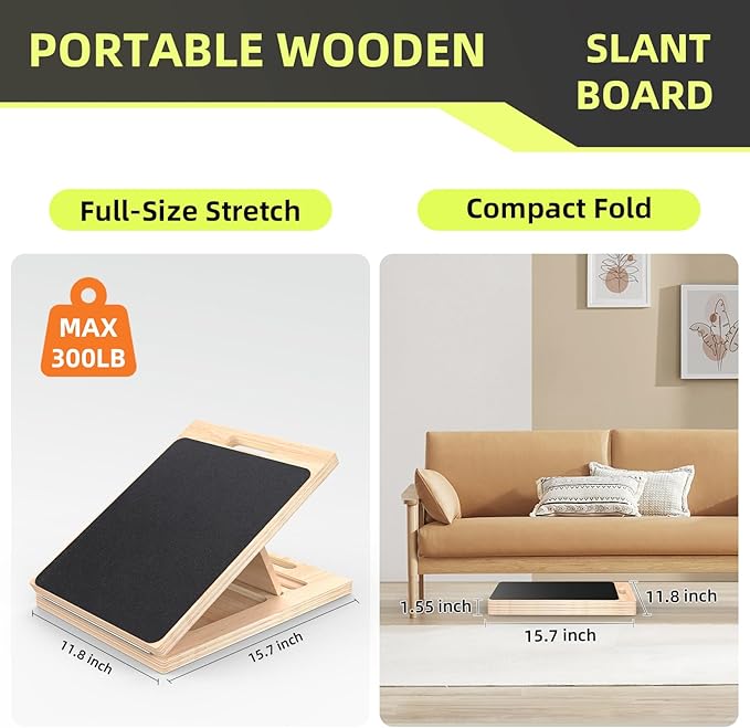 Adjustable Wooden Slant Board for Calf Stretching ,Portable Calf Stretcher Incline Board for Knees Ankle Heel Feet Leg,300lbs Weight Capacity