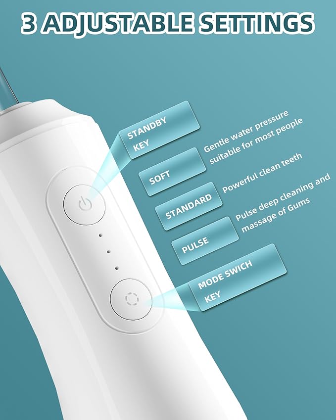 Water Flosser, Water Dental Flosser Pick for Teeth, 300ML IPX7 Waterproof Oral Irrigator, 3 Modes 4 Replaceable Jet Tips, Professional Flossing Cleaning Picks for Home Travel Gums (White)