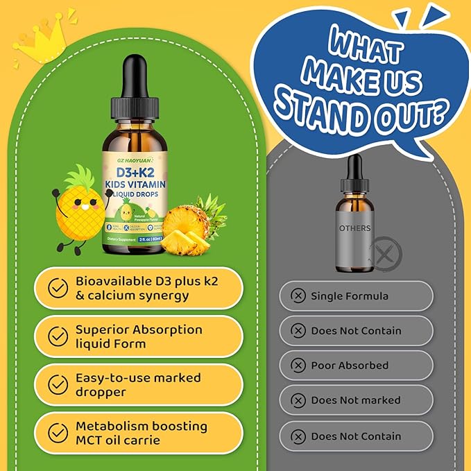 Kids Vitamin D3 K2 Drops, Vitamin D3 K2 (MK-7) Supplement with Calcium for Kids & Adults - Support Healthy Bones & Teeth, Calcium Absorption & Immunity, Sugar Free Pineapple Flavor 2 FL OZ