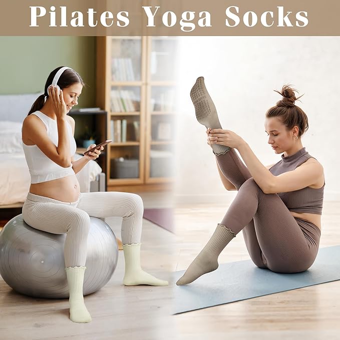 Justay 6 Pairs Womens Pilates Socks with Grips Crew Non Slip Ruffle Cotton for Athletic Workout Barre Hospital Yoga Socks