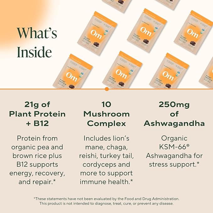 Om Master Blend Vegan Protein Powder, Chocolate, 21g of Plant Protein - Organic Mushroom Supplement with 10 Mushroom Complex, Ashwagandha, BCAAs and Vitamin B12 - Single Serve (10 Count)