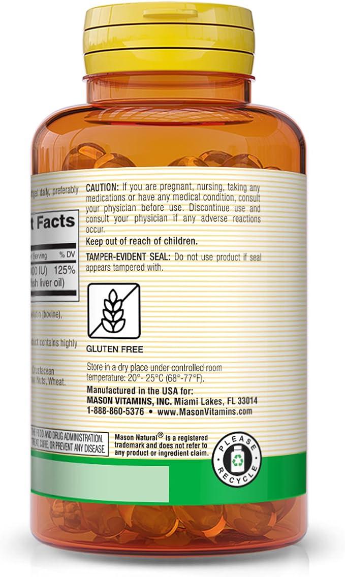 MASON NATURAL Vitamin D3 25 mcg (1000 IU) - Supports Overall Health, Strengthens Bones and Muscles, from Fish Liver Oil, 120 Softgels