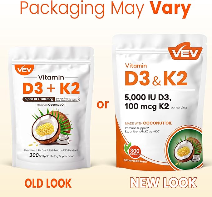 VEV Corefeel Vitamin D3 K2, 5000 IU D3 100mcg K2 (MK 7), 300 Softgels, 2-in-1 Vitamin D & K Supplement with Coconut Oil, Supports Calcium Absorption and Bone Health, Easy to Swallow