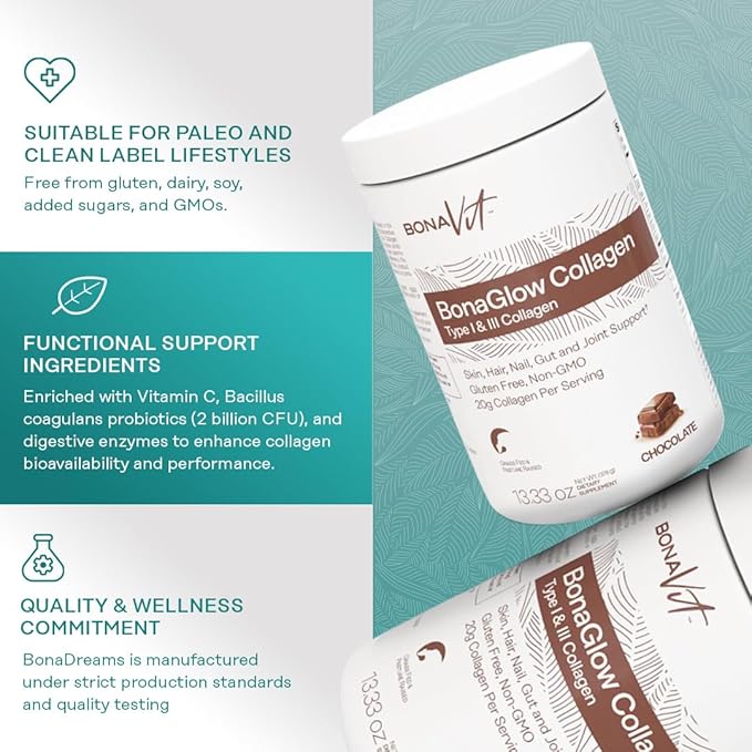 BonaGlow - Hydrolyzed Collagen Powder - Chocolate Flavor - 24 Servings - Type I & III with Vitamin C, Probiotics, and Digestive Enzymes - Skin, Nails, Hair - High Dosis of Collagen & Protein