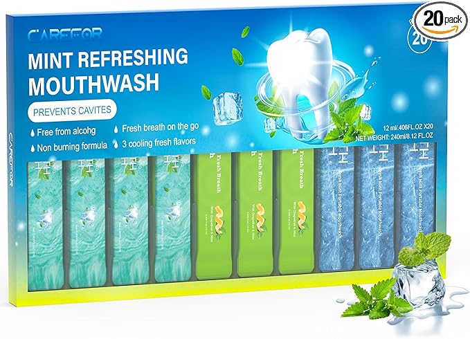 Travel Size Mouthwash Portable Packets to Go,20 Individual Disposable Packs, Alcohol & Fluoride Free, 3 Refreshing Flavors (Fresh Mint, ICY Mint, Grapefruit Mint) Fresh Oral Hygiene (20)