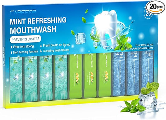 Travel Size Mouthwash Portable Packets to Go,20 Individual Disposable Packs, Alcohol & Fluoride Free, 3 Refreshing Flavors (Fresh Mint, ICY Mint, Grapefruit Mint) Fresh Oral Hygiene (20)