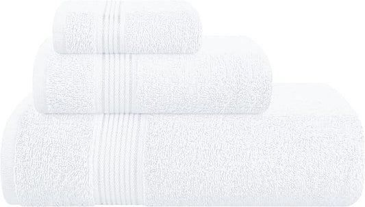 Belizzi Home Ultra Soft 3 Pack Cotton Towel Set, Contains a Bath Towel 28x55 inch, a Hand Towel 16x24 inch & a Wash Coth 12x12 inch, Ideal Everyday use, Compact & Lightweight - White
