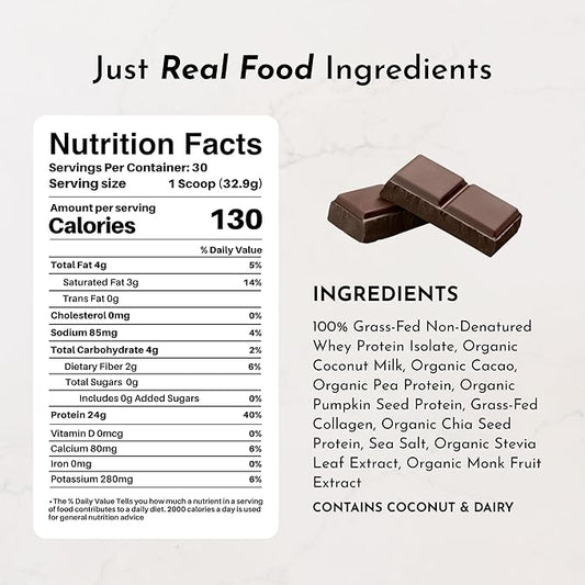 Chocolate Protein Powder – 30-Serving Blend with 100% Grass-Fed Whey & Organic Plant Proteins – Rich Cocoa Flavor – Supports Muscle Recovery, Energy & Satiety* – No Artificial Sweeteners or Fillers