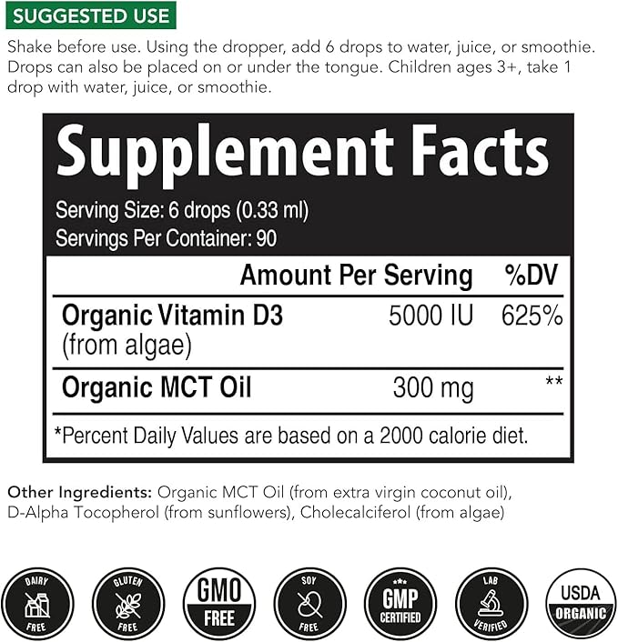 Plant-D3 Organic Vitamin D3 5000 IU - Vegan, Max Strength Sublingual Liquid D3 Drops - 200% Higher Absorption - 100% Plant-Based Cholecalciferol Form - Adjustable Dosing for All Ages (1oz - 2 Pack)