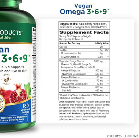 Purity Products Vegan Omega 3-6-9 Formula - “5 in 1” Essential Fatty Acid Complex - Scientifically Formulated Plant-Based Omega 3 6 9 Essential Fatty Acids (EFA) - 3 Month Supply - 180 Softgels