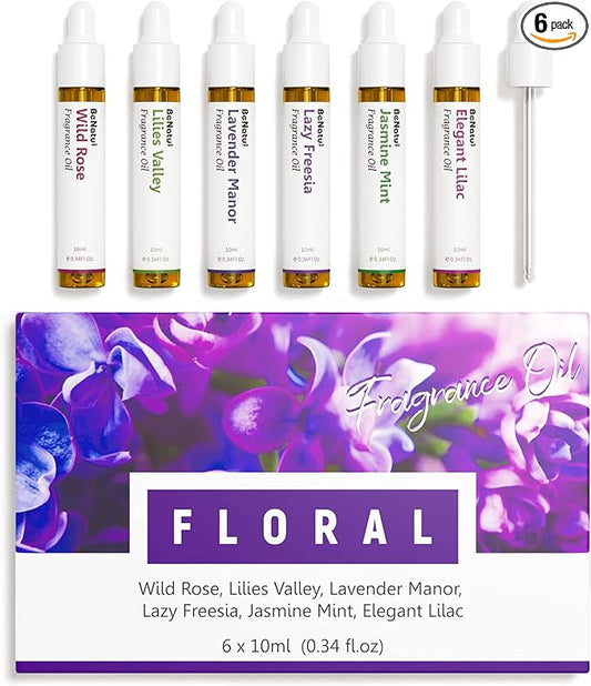 Benatu Floral Premium Fragrance Oils Set for Diffuser, Candle, Soap Making - Spring Scents Aromatherapy Perfume Oil Gift for Home (Rose, Lily, Lavender, Freesia, Jasmine, Lilac) 6 Pcs