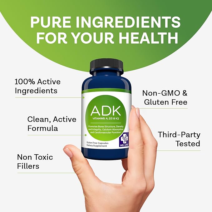 MD.LIFE ADK Vitamin Supplement – Vitamin D3 K2 and A Complex – 60 Capsules – High Potency Vitamin ADK for Bone and Heart Health Support