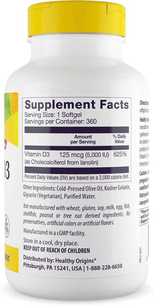 Healthy Origins Vitamin D3 (Lanolin) 5,000 IU Softgel - Bone Health and Immune Support Supplement - Easily Absorbable Vitamin D Supplements - Gluten-Free Vitamin D3 Supplement - 360 Softgels